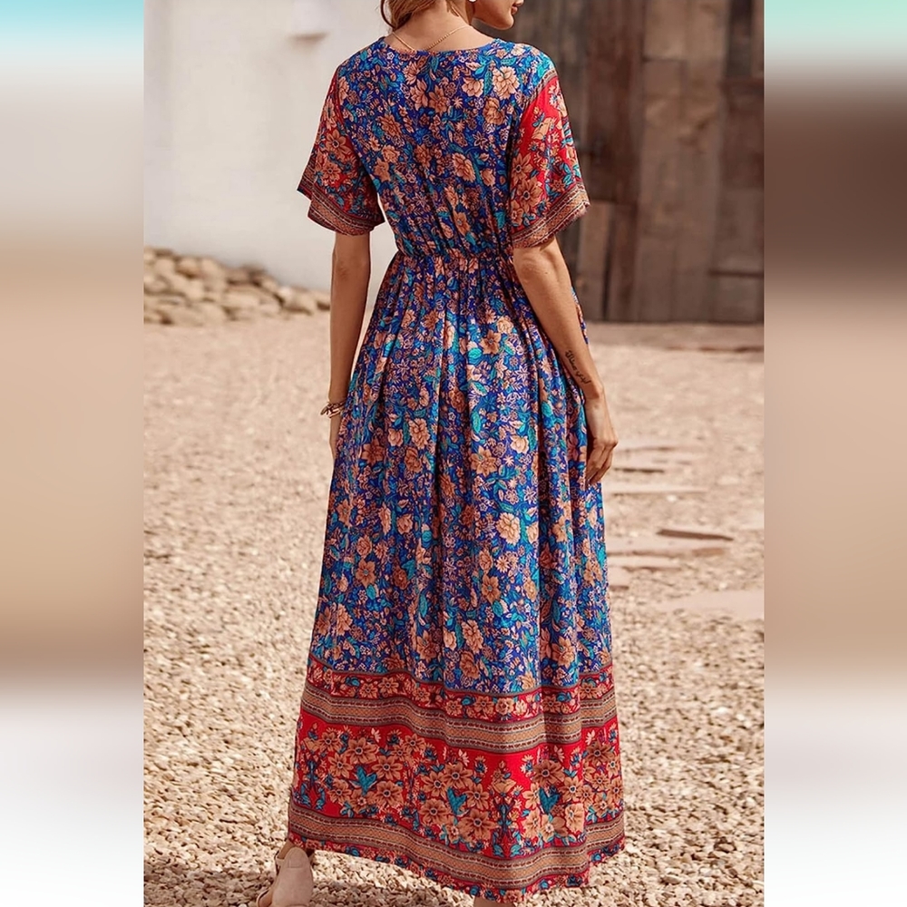 Bohemian Pretty Garden A-line Little maxi dress v-neck Floral Multi size.med - Picture 2 of 14